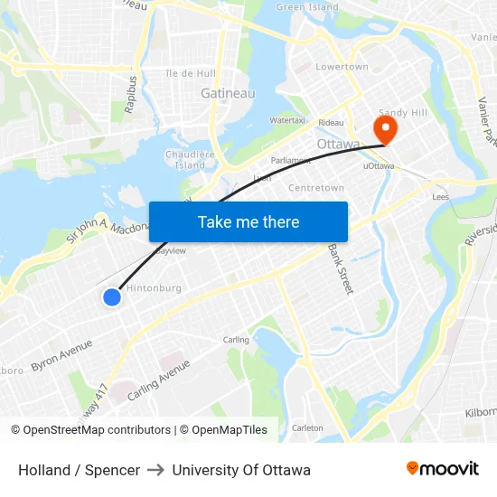 Holland / Spencer to University Of Ottawa map