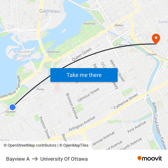 Bayview A to University Of Ottawa map