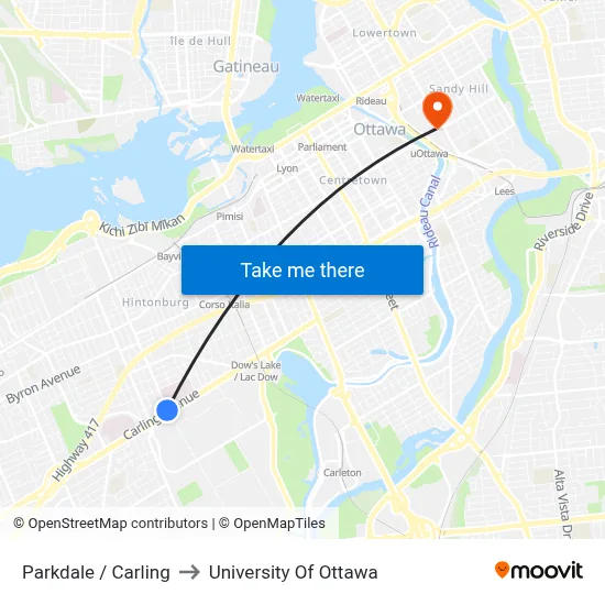Parkdale / Carling to University Of Ottawa map