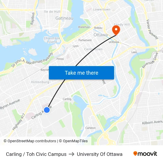 Carling / Toh Civic Campus to University Of Ottawa map