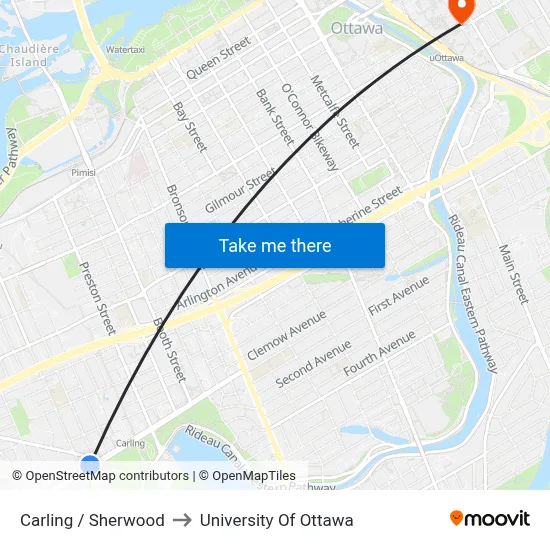 Carling / Sherwood to University Of Ottawa map