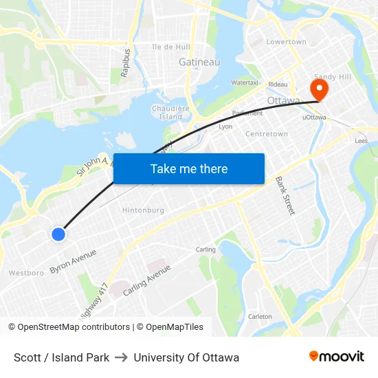 Scott / Island Park to University Of Ottawa map