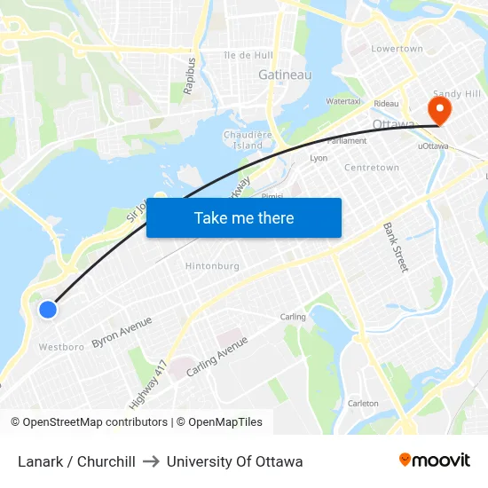 Lanark / Churchill to University Of Ottawa map