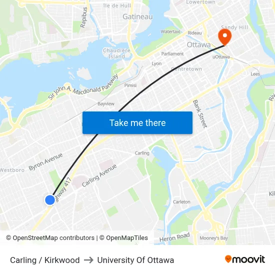 Carling / Kirkwood to University Of Ottawa map