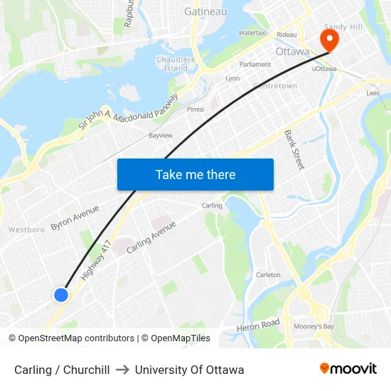 Carling / Churchill to University Of Ottawa map