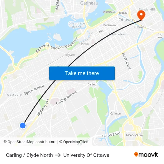 Carling / Clyde North to University Of Ottawa map