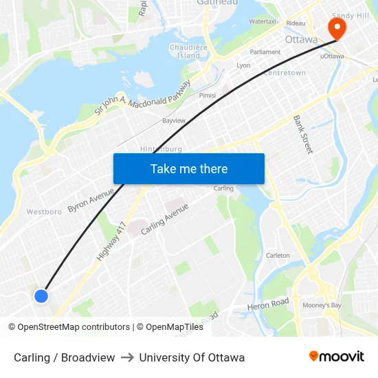Carling / Broadview to University Of Ottawa map