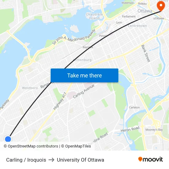 Carling / Iroquois to University Of Ottawa map