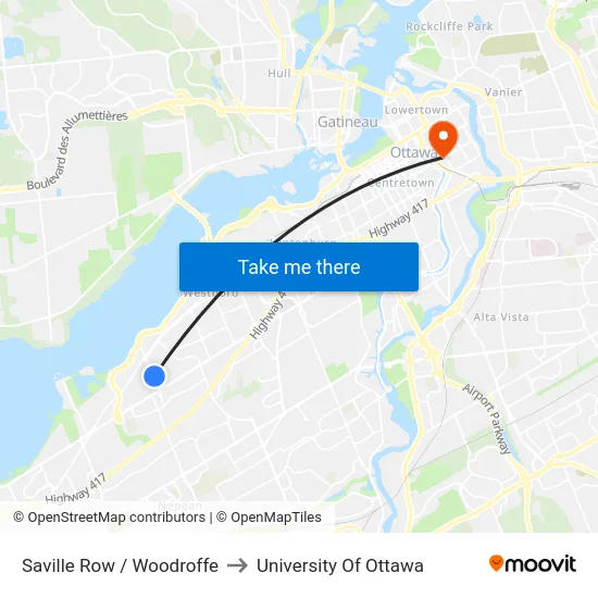 Saville Row / Woodroffe to University Of Ottawa map