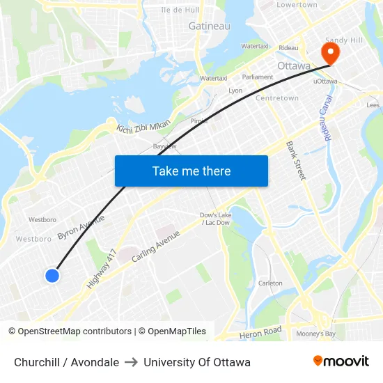 Churchill / Avondale to University Of Ottawa map