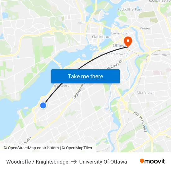 Woodroffe / Knightsbridge to University Of Ottawa map