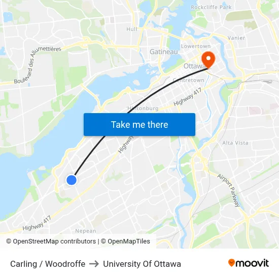 Carling / Woodroffe to University Of Ottawa map