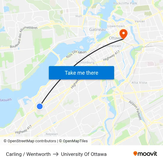 Carling / Wentworth to University Of Ottawa map