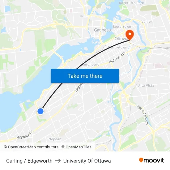 Carling / Edgeworth to University Of Ottawa map