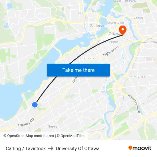 Carling / Tavistock to University Of Ottawa map