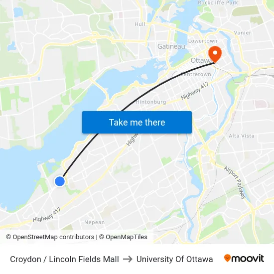 Croydon / Lincoln Fields Mall to University Of Ottawa map