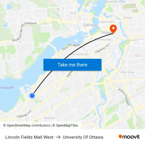Lincoln Fields Mall West to University Of Ottawa map