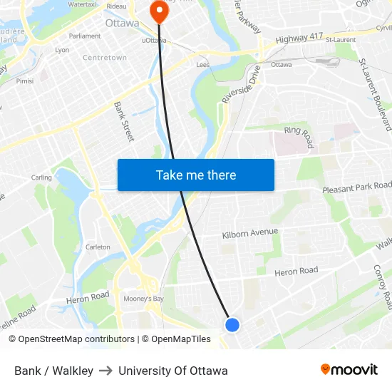 Bank / Walkley to University Of Ottawa map