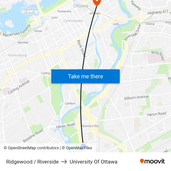 Ridgewood / Riverside to University Of Ottawa map