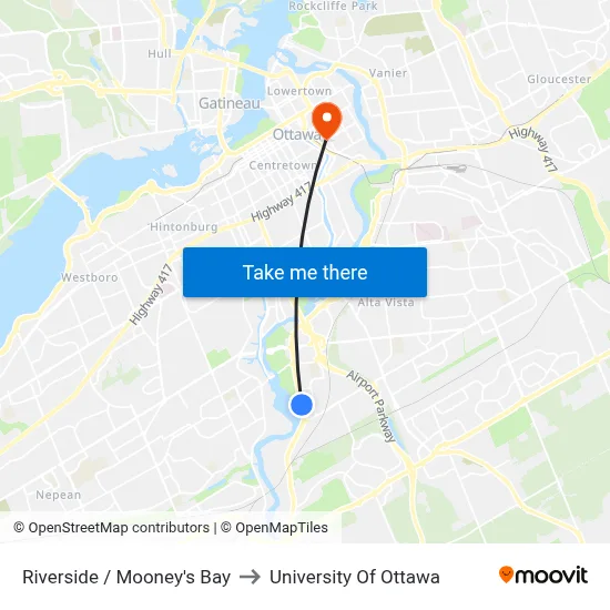 Riverside / Mooney's Bay to University Of Ottawa map