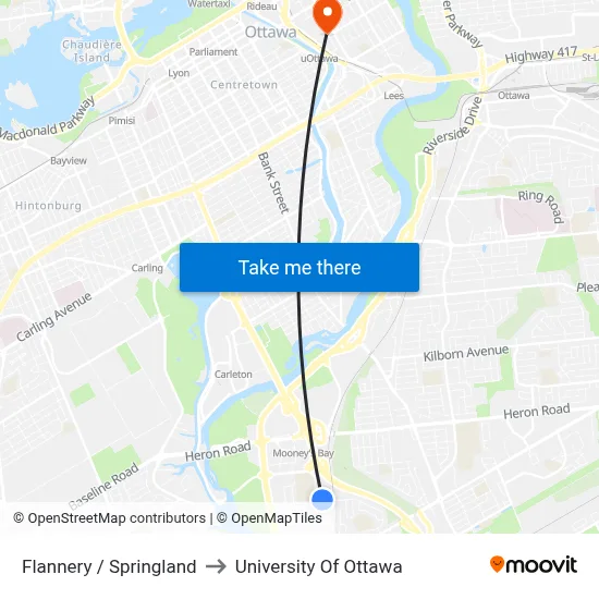 Flannery / Springland to University Of Ottawa map