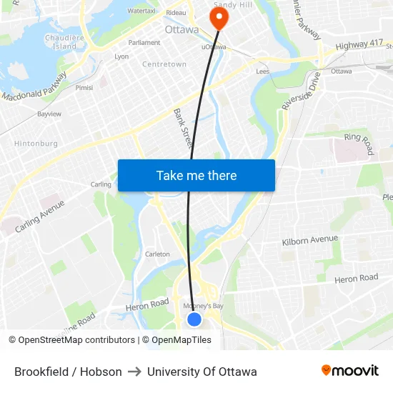 Brookfield / Hobson to University Of Ottawa map