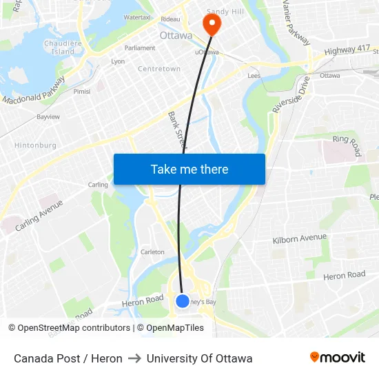 Canada Post / Heron to University Of Ottawa map