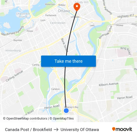 Canada Post / Brookfield to University Of Ottawa map