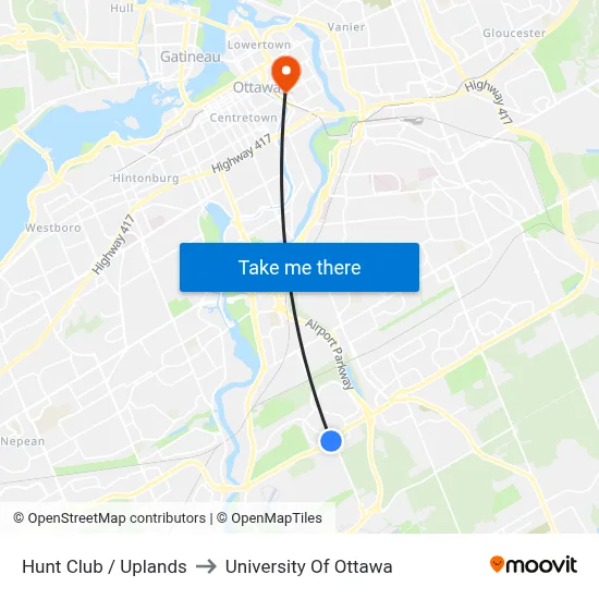 Hunt Club / Uplands to University Of Ottawa map
