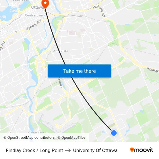 Findlay Creek / Long Point to University Of Ottawa map