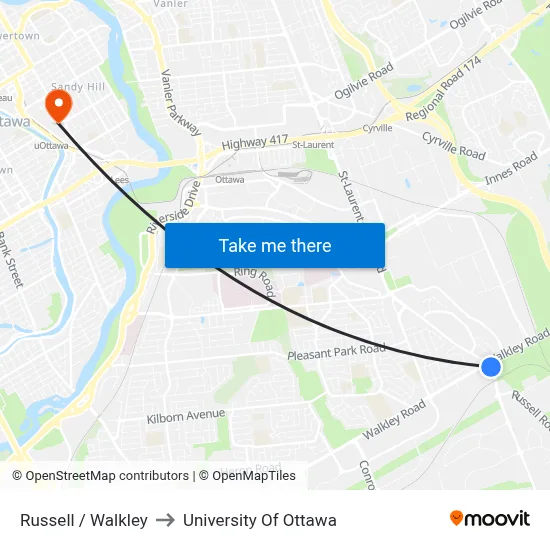 Russell / Walkley to University Of Ottawa map