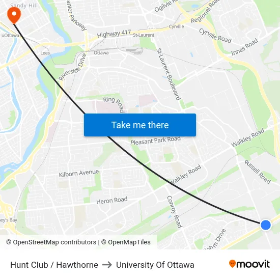 Hunt Club / Hawthorne to University Of Ottawa map