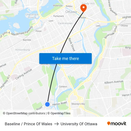 Baseline / Prince Of Wales to University Of Ottawa map