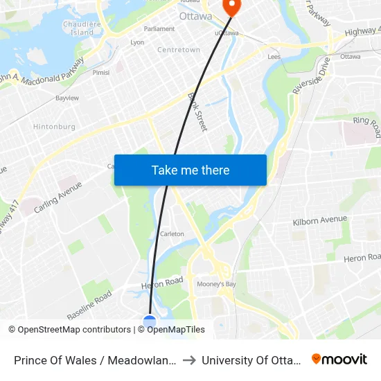 Prince Of Wales / Meadowlands to University Of Ottawa map