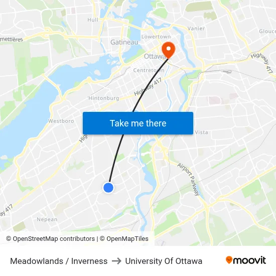 Meadowlands / Inverness to University Of Ottawa map