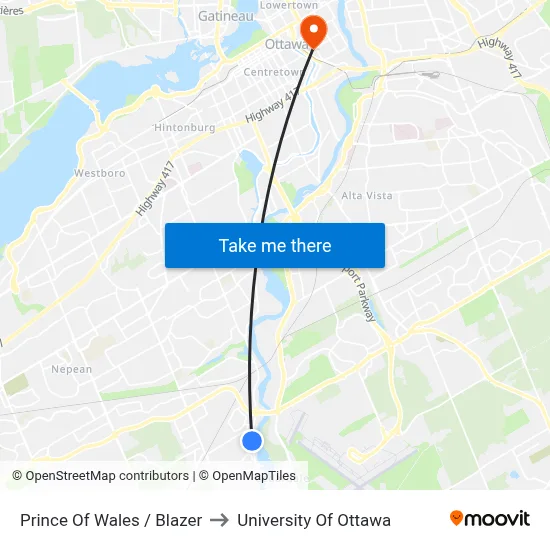 Prince Of Wales / Blazer to University Of Ottawa map