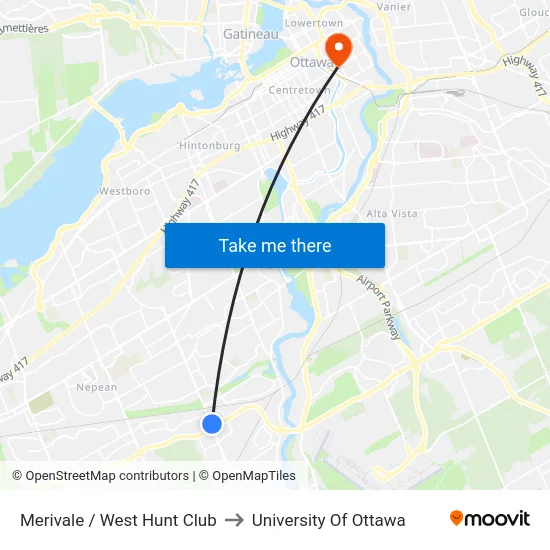 Merivale / West Hunt Club to University Of Ottawa map