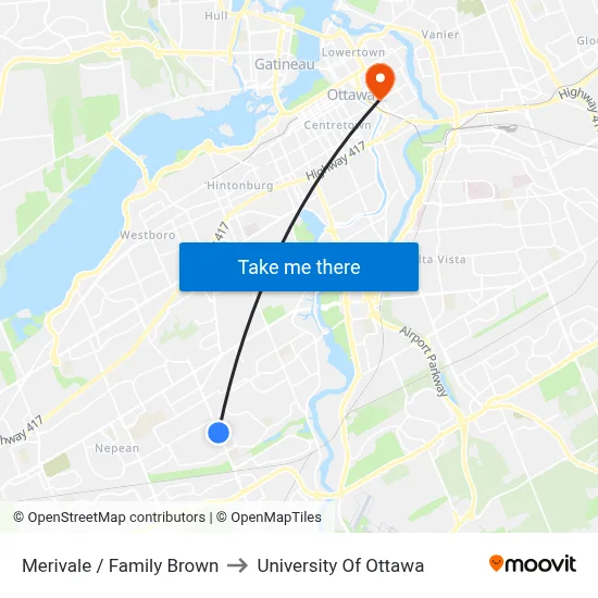 Merivale / Family Brown to University Of Ottawa map