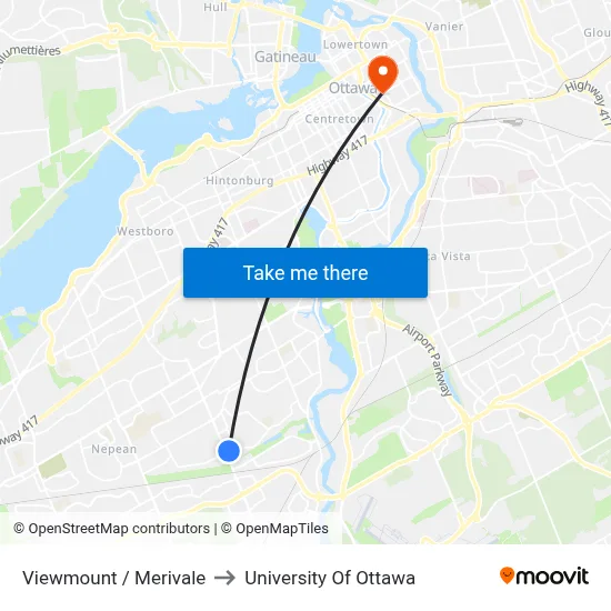 Viewmount / Merivale to University Of Ottawa map