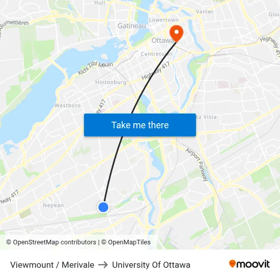 Viewmount / Merivale to University Of Ottawa map