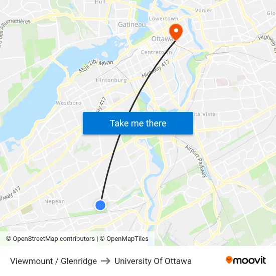 Viewmount / Glenridge to University Of Ottawa map