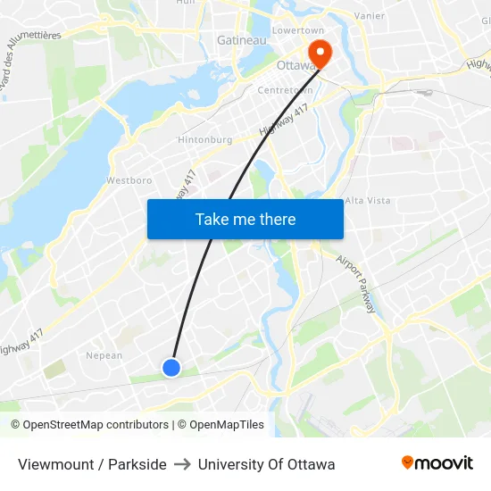 Viewmount / Parkside to University Of Ottawa map