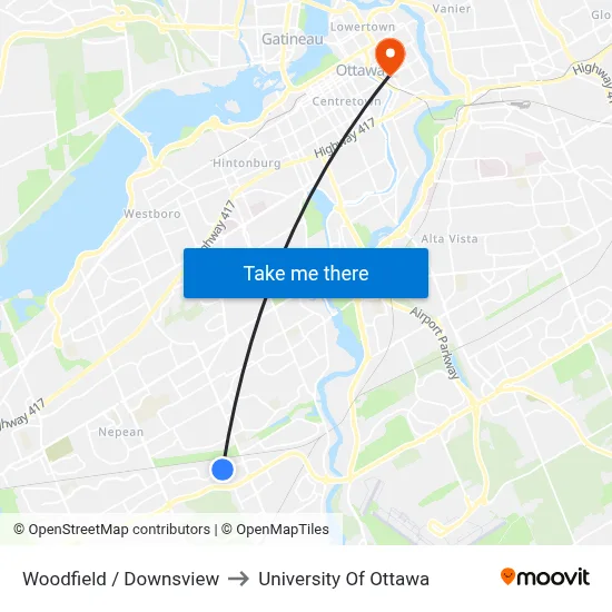 Woodfield / Downsview to University Of Ottawa map