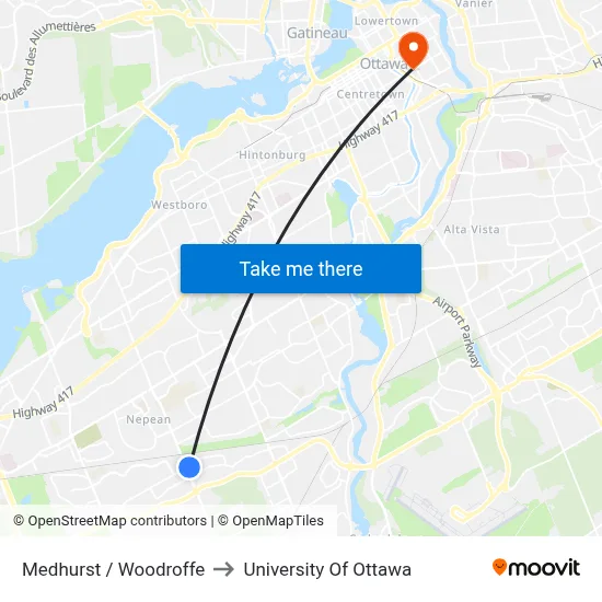 Medhurst / Woodroffe to University Of Ottawa map