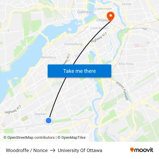 Woodroffe / Norice to University Of Ottawa map