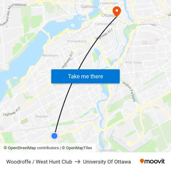 Woodroffe / West Hunt Club to University Of Ottawa map