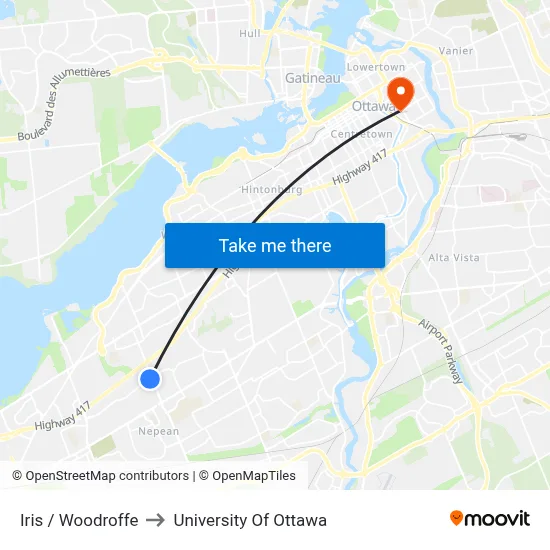 Iris / Woodroffe to University Of Ottawa map