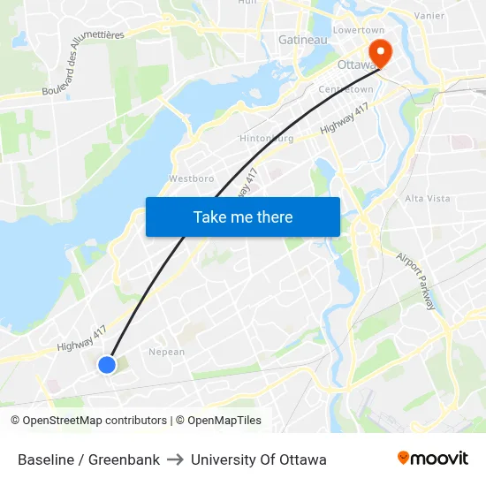 Baseline / Greenbank to University Of Ottawa map
