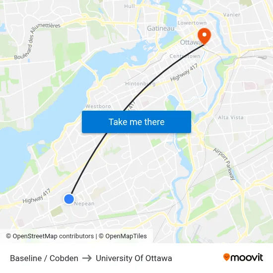 Baseline / Cobden to University Of Ottawa map