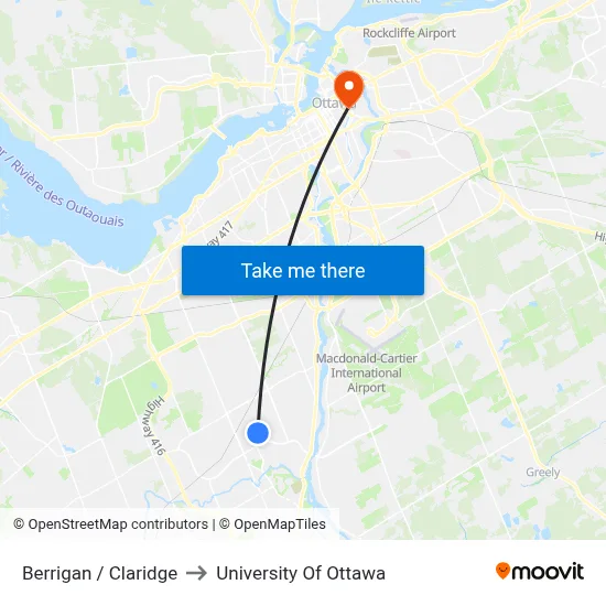 Berrigan / Claridge to University Of Ottawa map
